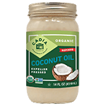 Jar of coconut oil "refined" certified organic and non-GMO on front of package