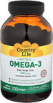 Country Life Omega-3 Fish Body Oils 200 Softgels 1000 mg
