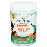 tub of 200 Nordic Naturals Cloudberry flavored gummy multivitamins suitable for the whole family